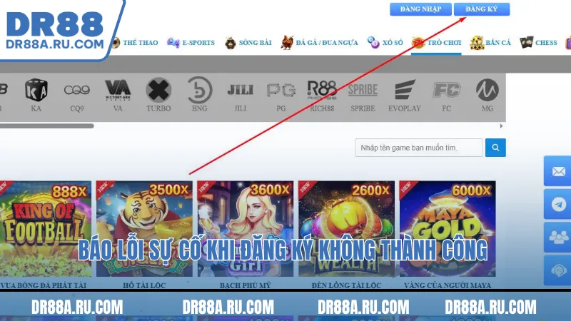 Báo lỗi sự cố khi đăng ký không thành công 